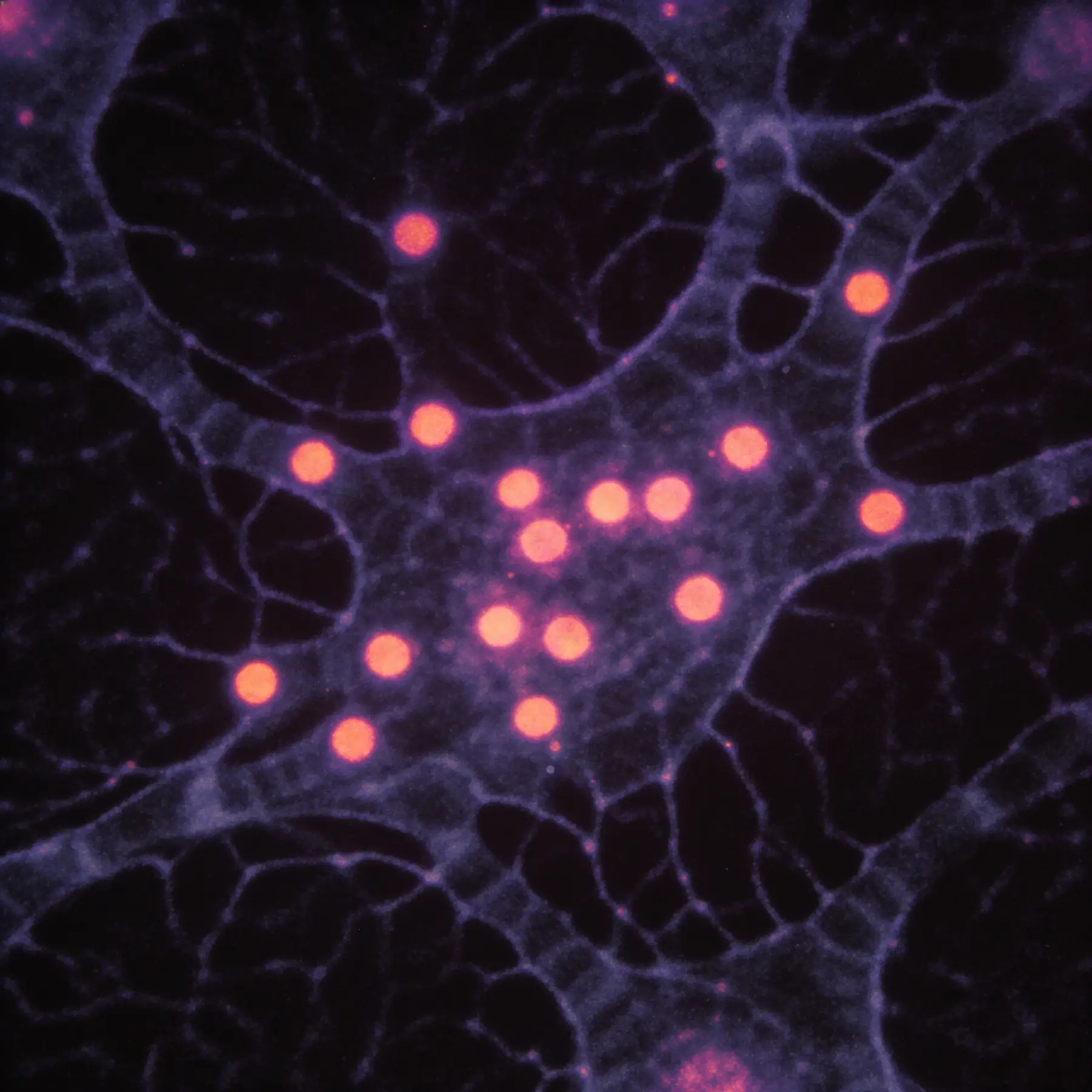 Crystalline molecular structure photographed in macro, thin luminous filaments suspended in dark space.